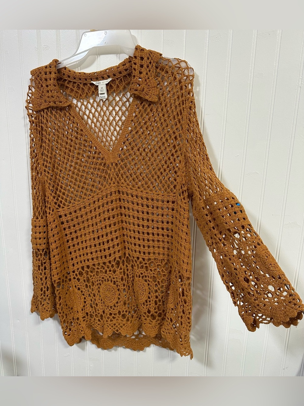Brown Boho Crochet Top Women’s M Cotton Cover-Up Tunic Mini Dress Cottagecore - Picture 3 of 12